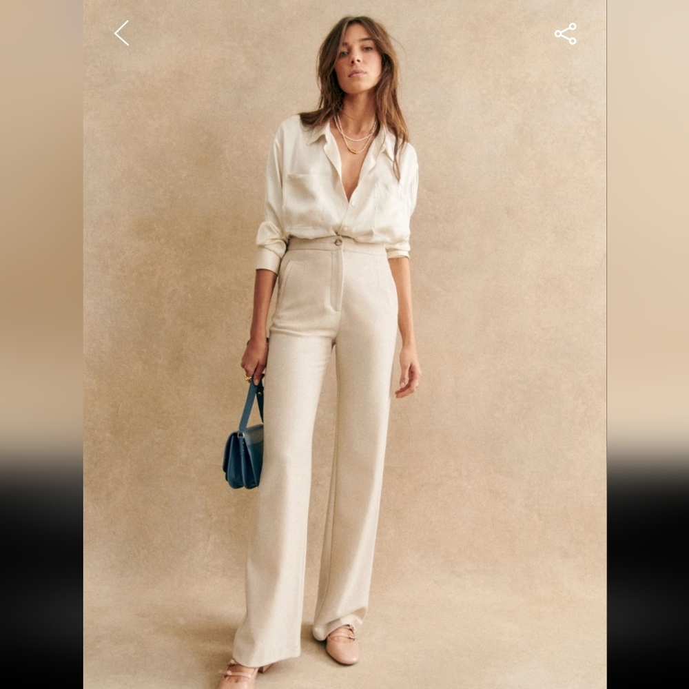Sezane Cream High-Waist Wide-Leg Trousers